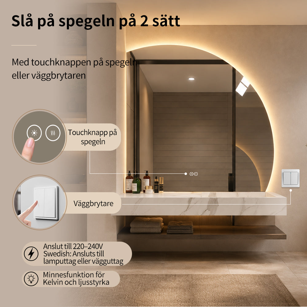 1/4 rund spegel med LED-ljus och värme, 100x100 cm (Högervänd)