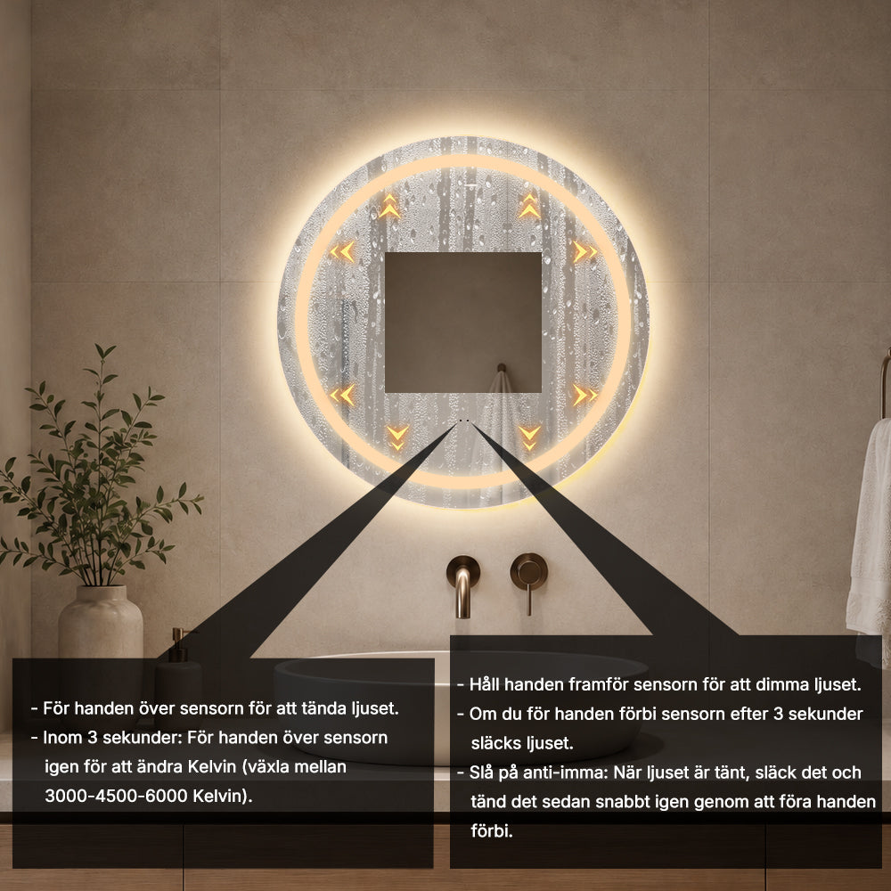 Rund spegel med Frontlight LED-ljus och värme Ø60 cm