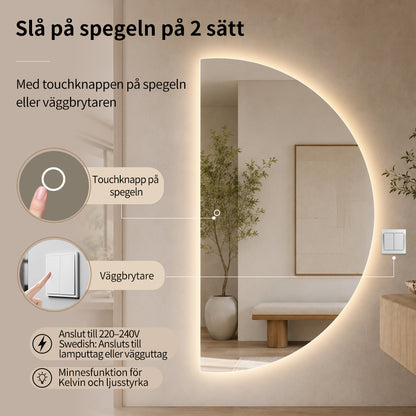 Halvmåne Spegel med LED-ljus 100x180 cm (Högervänd)