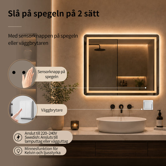 Fyrkantig spegel med Frontlight LED-ljus och värme 80x60 cm