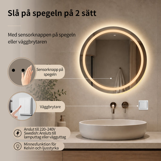 Rund spegel med Frontlight LED-ljus och värme Ø60 cm