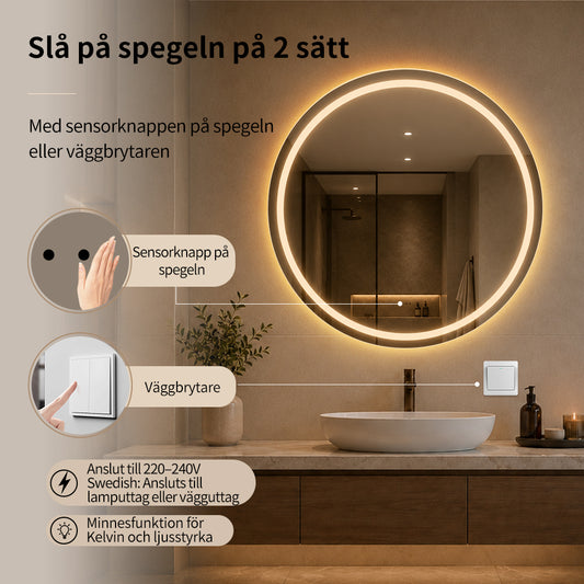 Rund spegel med Frontlight LED-ljus och värme Ø90 cm