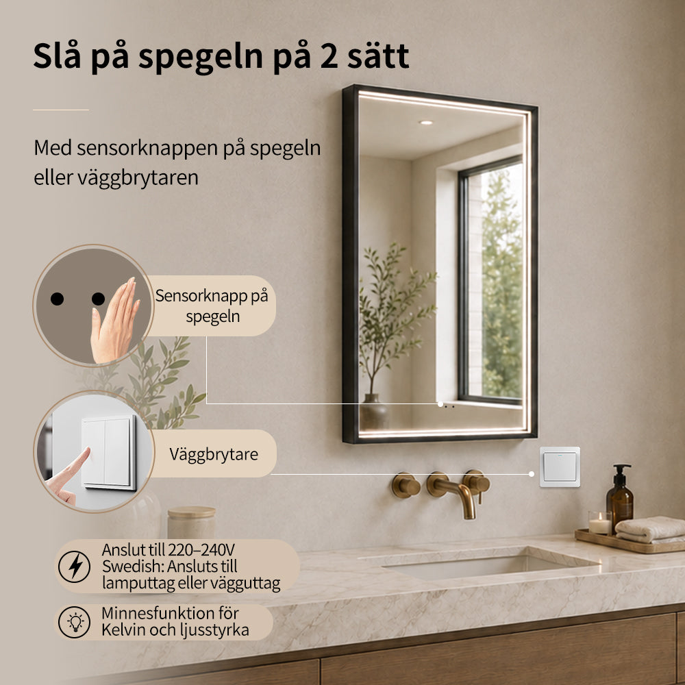 Fyrkantig spegel med LED-ljus i ram och värme 50x80 cm, svart ram