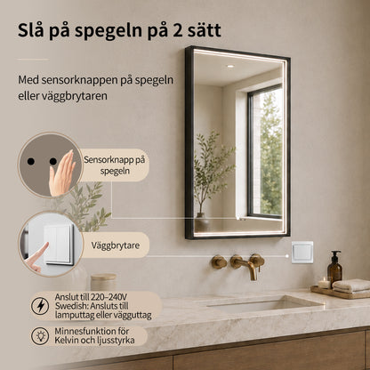 Fyrkantig spegel med LED-ljus i ram och värme 50x80 cm, svart ram