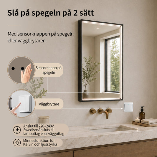 Fyrkantig spegel med LED-ljus i ram och värme 50x80 cm, svart ram