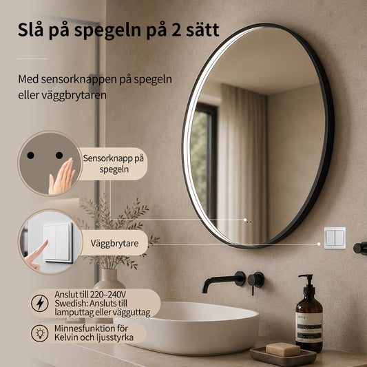 Rund spegel med LED-ljus i ram och värme Ø60, svart ram