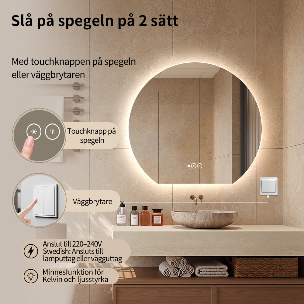 Rund spegel med LED-ljus och värme, Ø100 cm - Skuren
