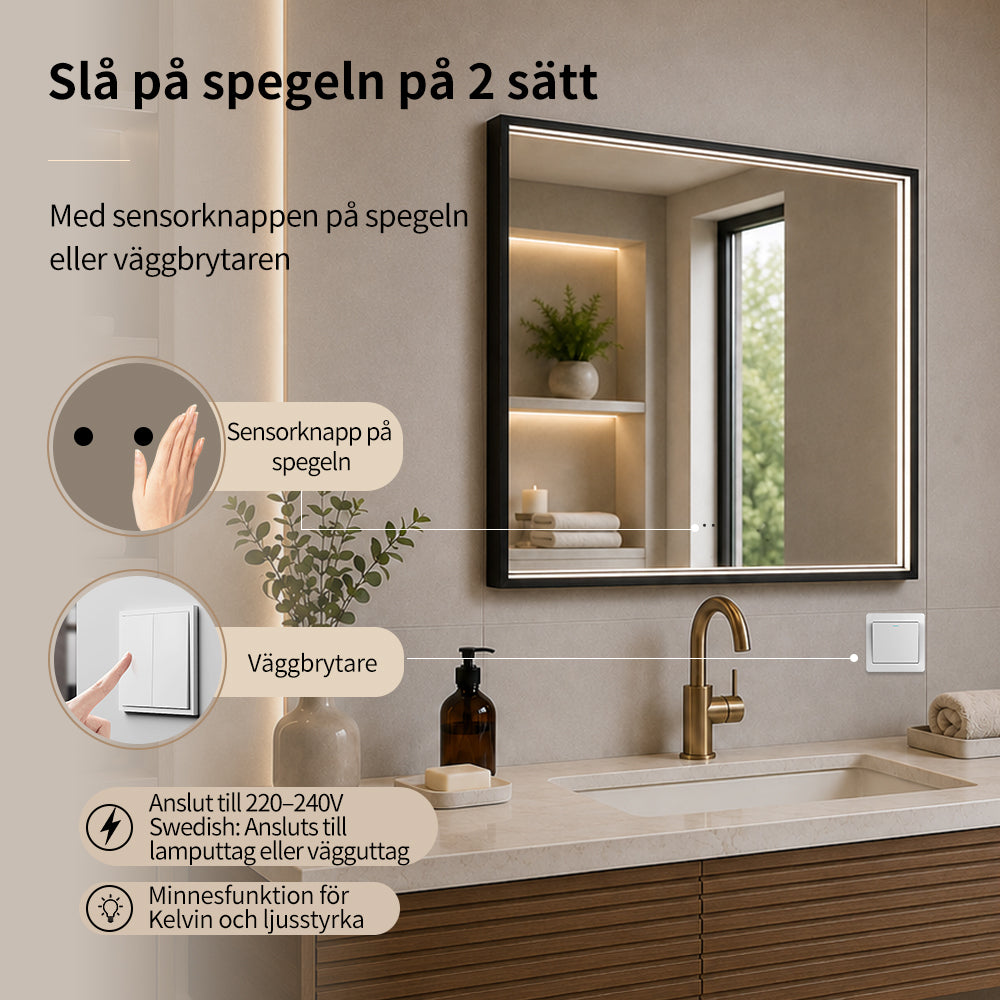 Fyrkantig spegel med LED-ljus i ram och värme 80x80 cm, svart ram