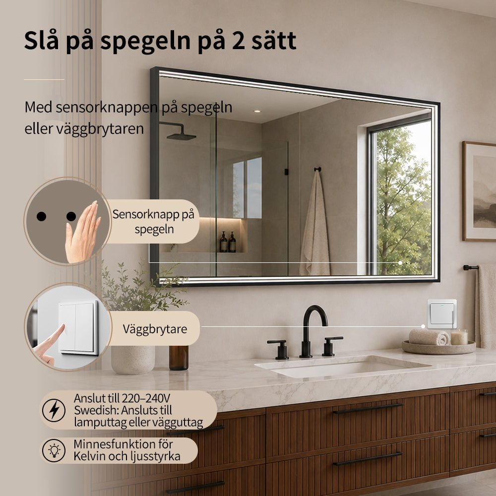 Fyrkantig spegel med LED-ljus i ram och värme 120x80 cm, svart ram