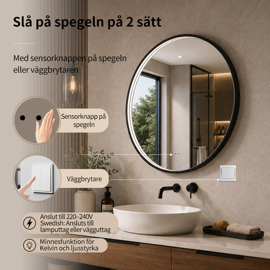 Rund spegel med LED-ljus i ram och värme Ø80, svart ram
