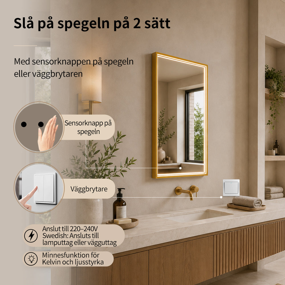 Fyrkantig spegel med LED-ljus i ram och värme 50x80 cm, guld ram