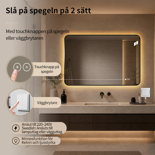 Rektangulär spegel, med LED-ljus och värme, 120x80 cm - Svart ram, runda hörn