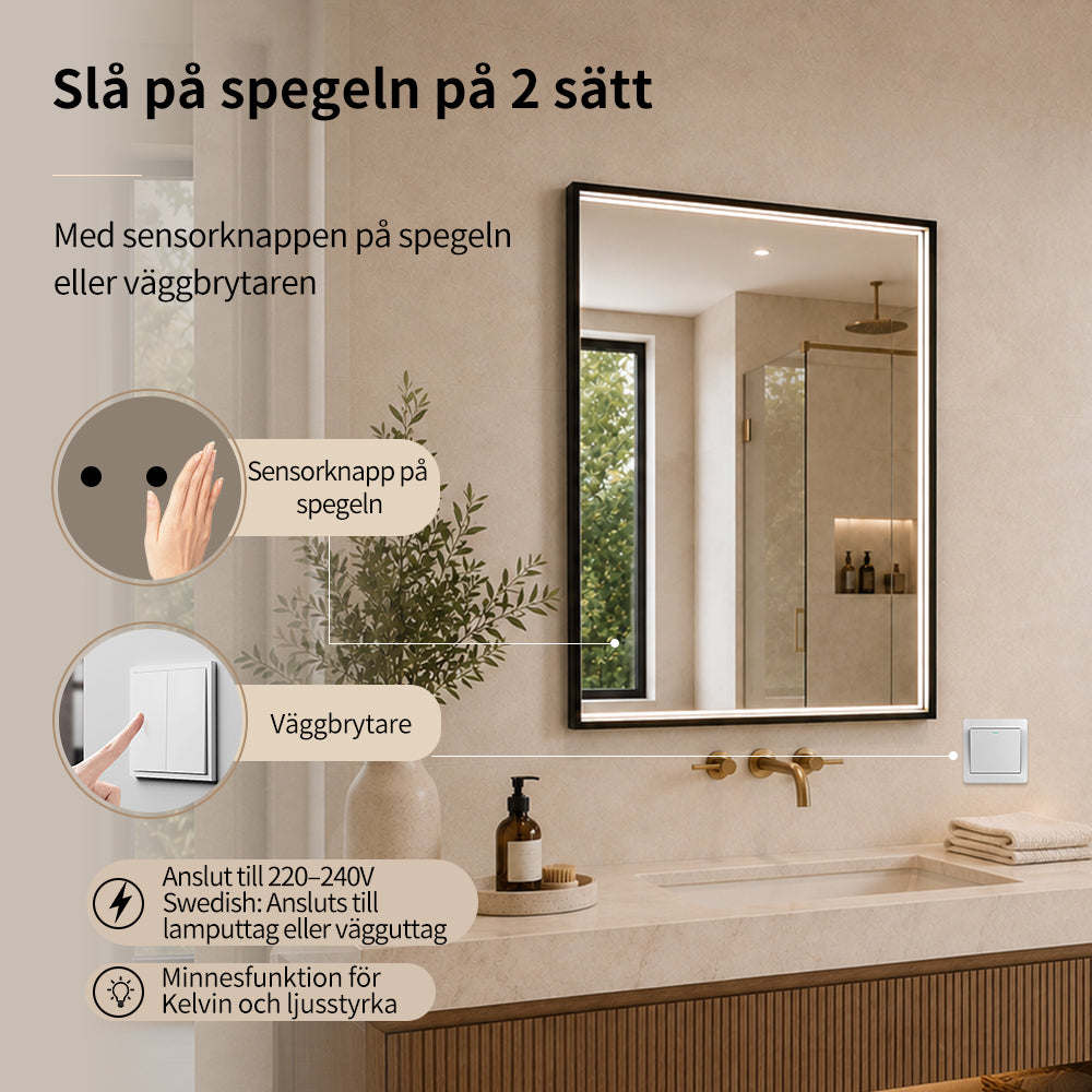 Fyrkantig spegel med LED-ljus i ram och värme 60x80 cm, svart ram