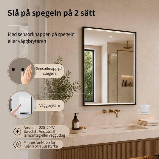 Fyrkantig spegel med LED-ljus i ram och värme 60x80 cm, svart ram