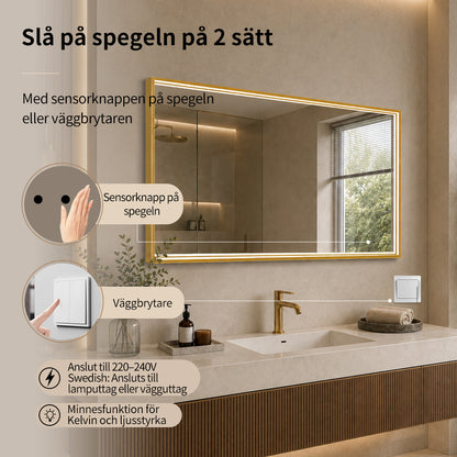 Fyrkantig spegel med LED-ljus i ram och värme 120x80 cm, guld ram