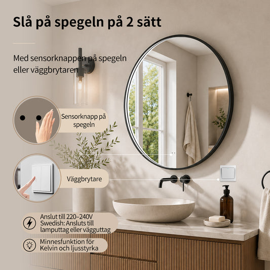 Rund spegel med LED-ljus i ram och värme Ø90, svart ram