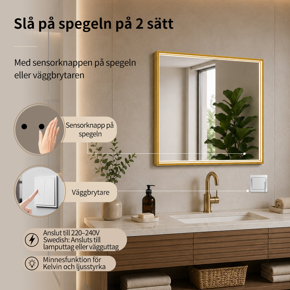 Fyrkantig spegel med LED-ljus i ram och värme 80x80 cm, guld ram