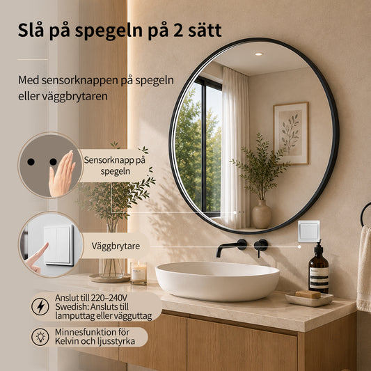 Rund spegel med LED-ljus i ram och värme Ø100, svart ram