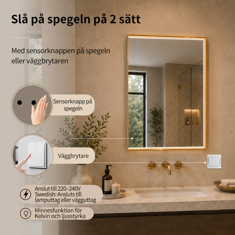 Fyrkantig spegel med LED-ljus i ram och värme 60x80 cm, guld ram