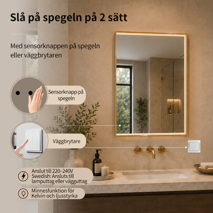 Fyrkantig spegel med LED-ljus i ram och värme 60x80 cm, guld ram