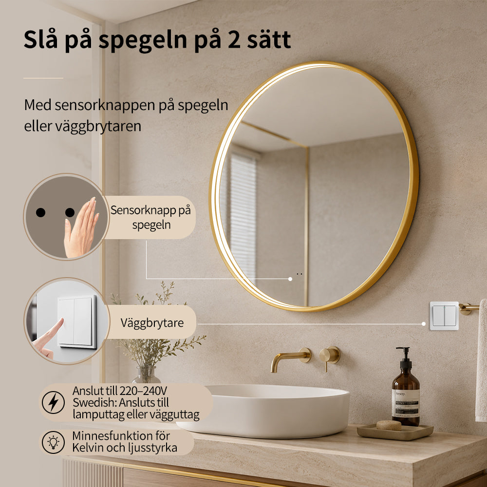 Rund spegel med LED-ljus i ram och värme Ø60, guld ram