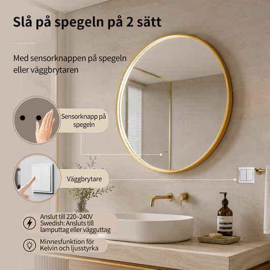 Rund spegel med LED-ljus i ram och värme Ø60, guld ram