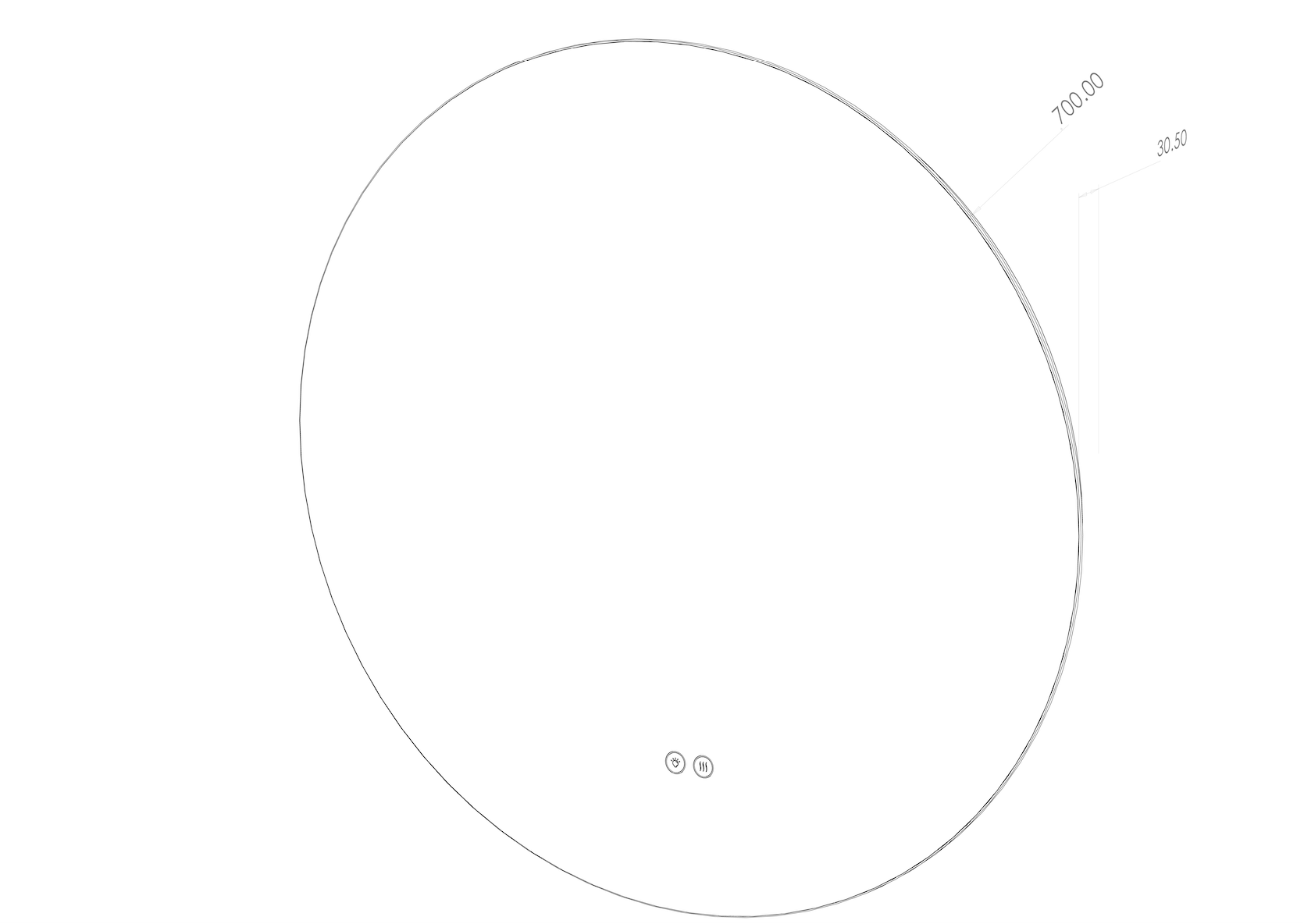 Spejl Ø70 cm med lys og antidug tegning forfra