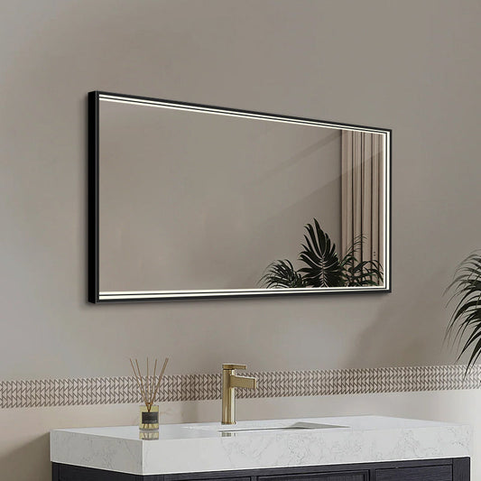 Fyrkantig spegel med LED-ljus i ram och värme 120x80 cm, svart ram