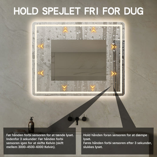 Fyrkantig spegel med Frontlight LED-ljus och värme 100x80 cm