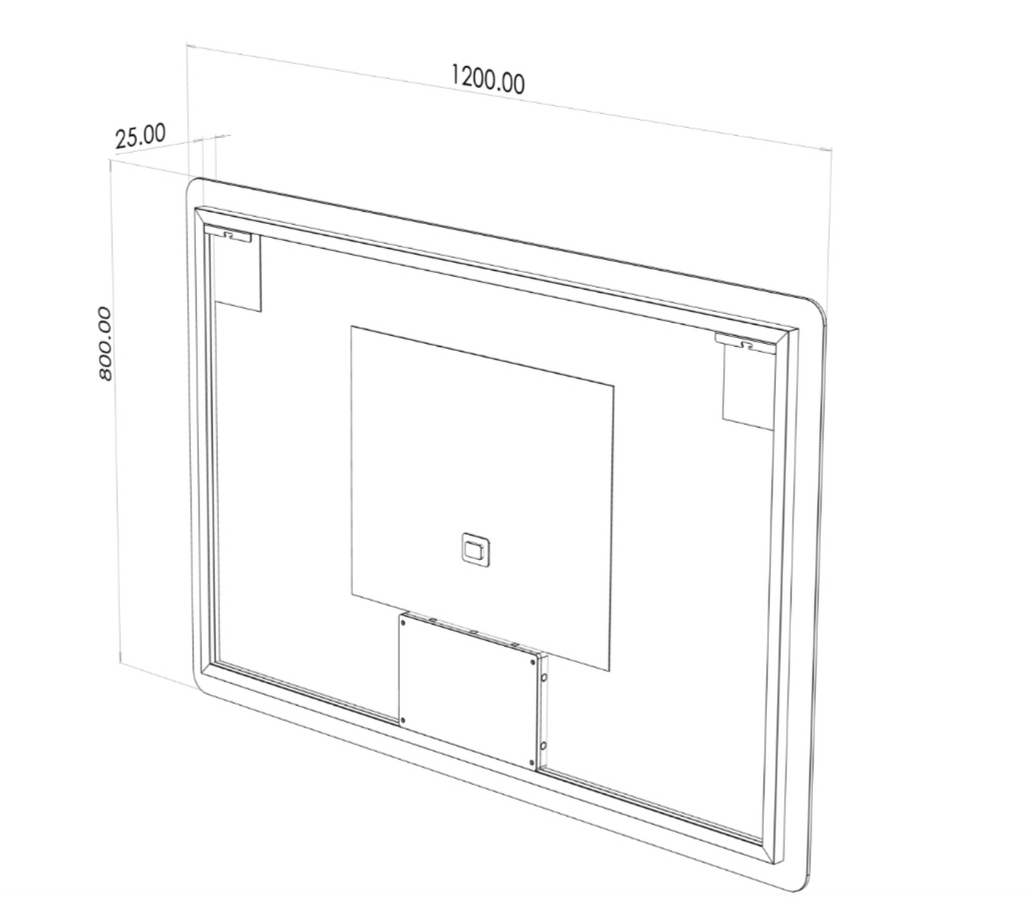 Teknisk tegning af 120 x 80 cm spejl med lys og varme