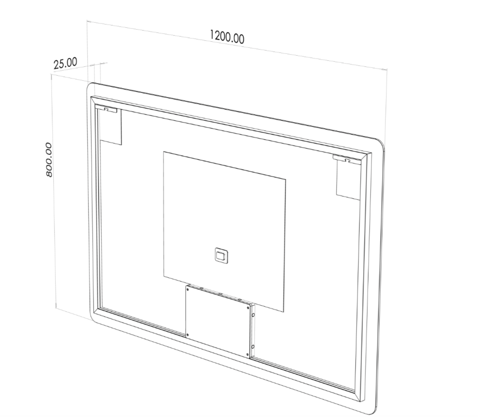 Teknisk tegning af 120 x 80 cm spejl med lys og varme