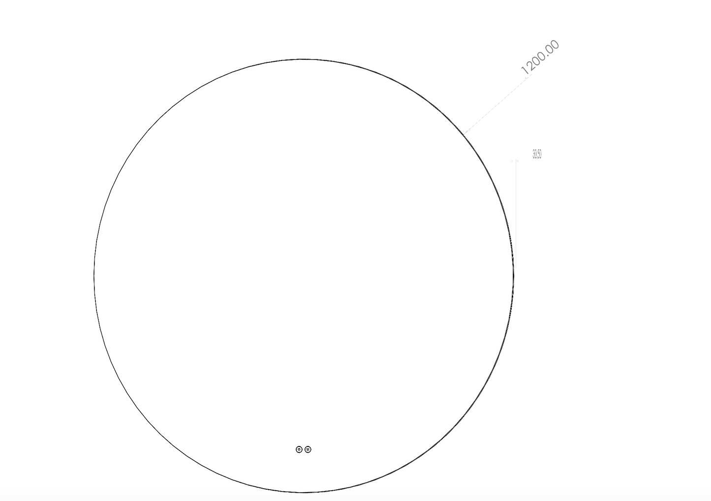 Stregtegning af Ø120 cm spejl til badeværelse med varme og LED lys