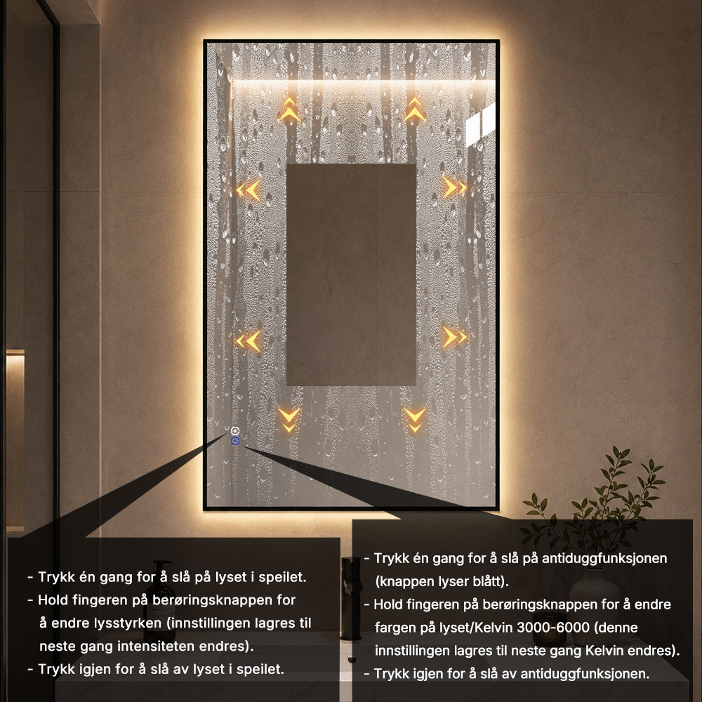 Rektangulär spegel med LED-ljus och värme, 80x120 cm - Svart ram 90º