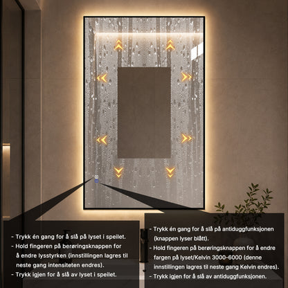 Rektangulär spegel med LED-ljus och värme, 80x120 cm - Svart ram 90º
