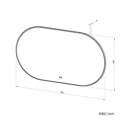 Oval spegel med ljus och värme, 150x80 cm med guld ram