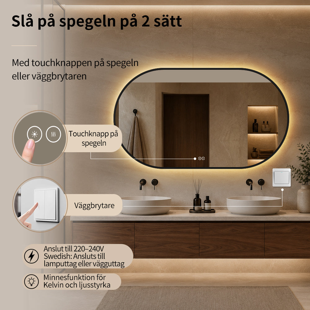 Oval Spegel med LED-ljus och Antidimma 140x80 cm m/svart ram