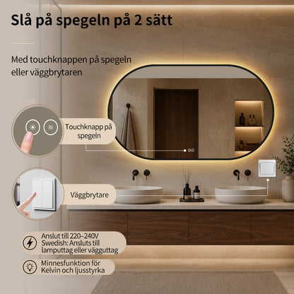 Oval Spegel med LED-ljus och Antidimma 140x80 cm m/svart ram