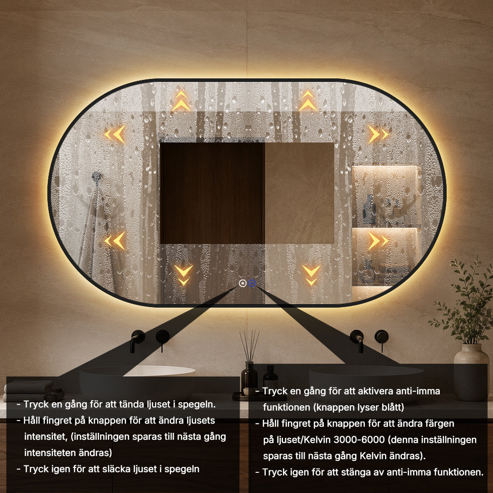Oval Spegel med LED-ljus och Antidimma 140x80 cm m/svart ram