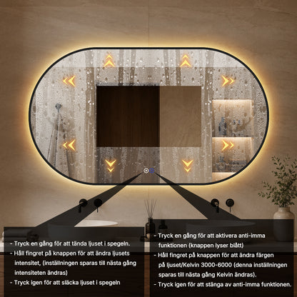Oval Spegel med LED-ljus och Antidimma 140x80 cm m/svart ram