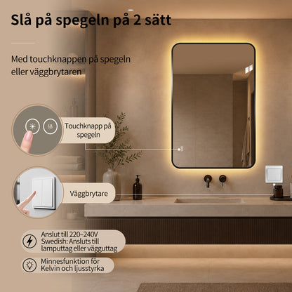 Rektangulär spegel, med LED-ljus och värme, 80x120 cm - Svart ram, runda hörn