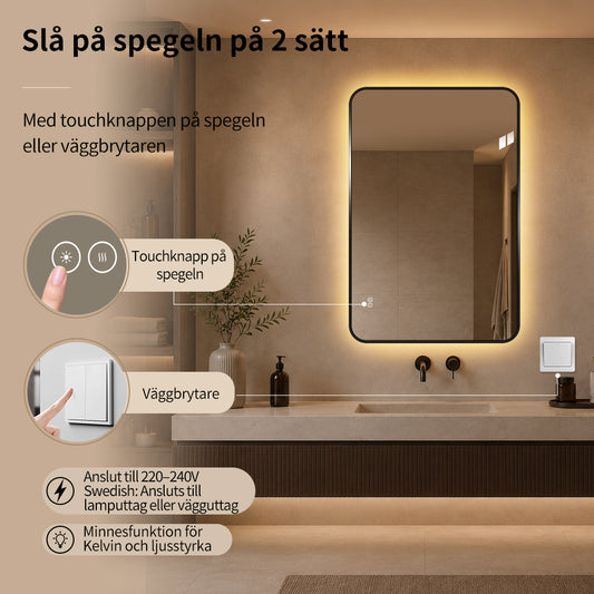 Rektangulär spegel, med LED-ljus och värme, 80x120 cm - Svart ram, runda hörn