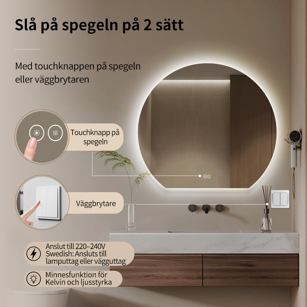 Rund spegel med LED-ljus och Antifog Ø80 cm - Skuret