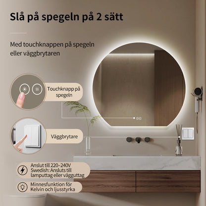 Rund spegel med LED-ljus och Antifog Ø80 cm - Skuret