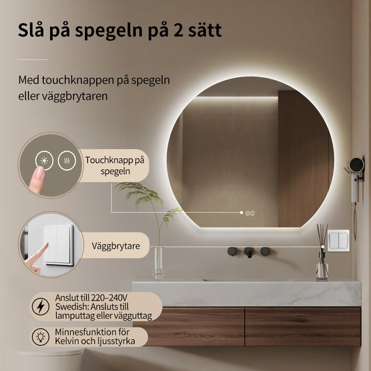 Rund spegel med LED-ljus och Antifog Ø80 cm - Skuret