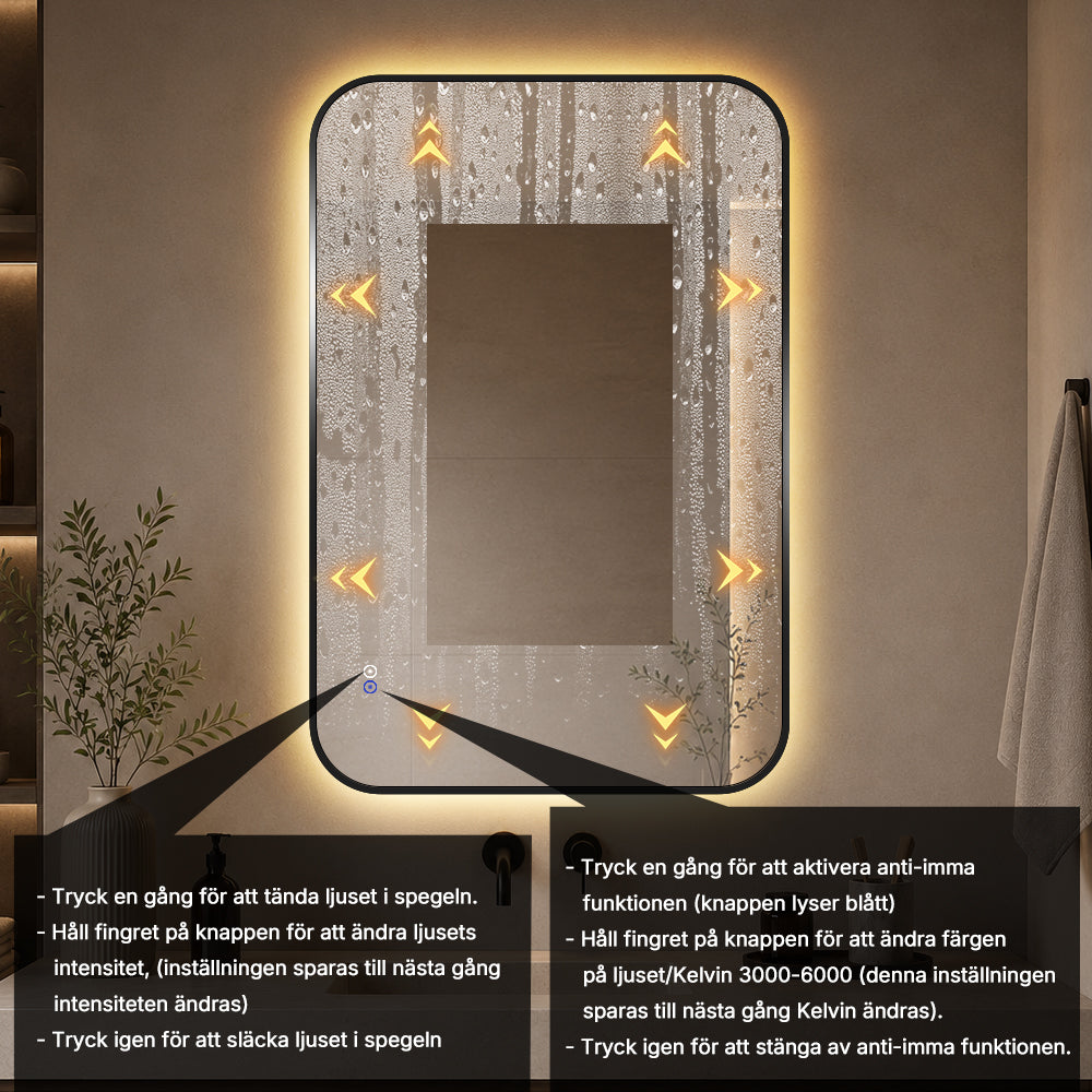 Rektangulär spegel, med LED-ljus och värme, 80x120 cm - Svart ram, runda hörn