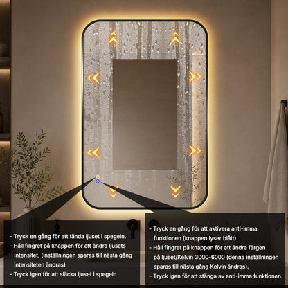 Rektangulär spegel, med LED-ljus och värme, 80x120 cm - Svart ram, runda hörn