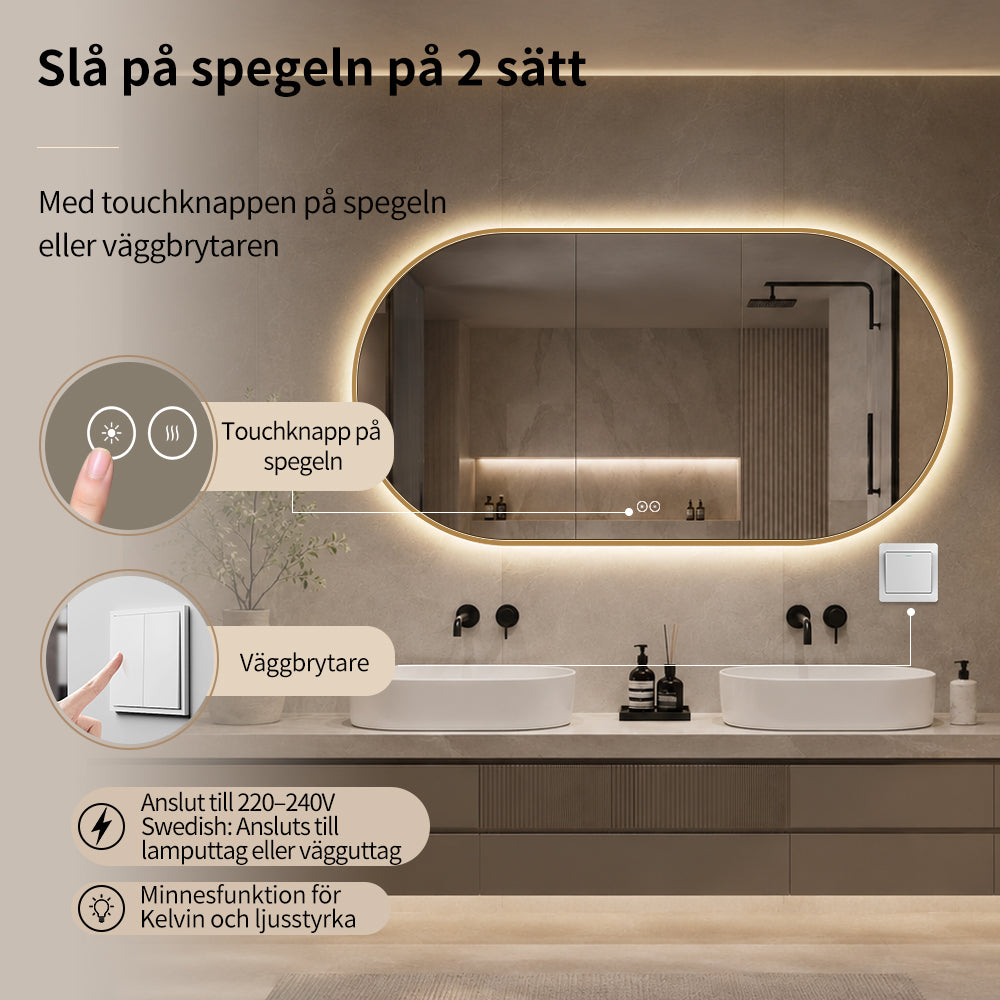 Oval spegel med ljus och värme, 150x80 cm med guld ram