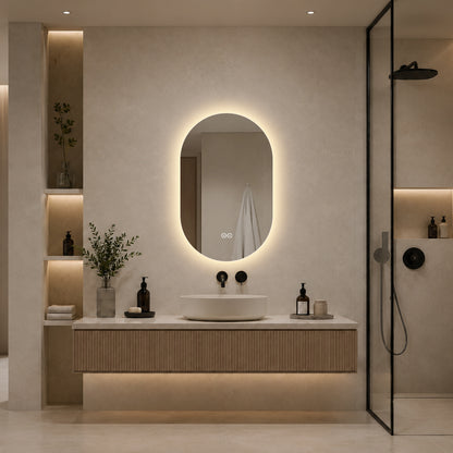 Oval spegel med LED-ljus och värme, 50x80 cm