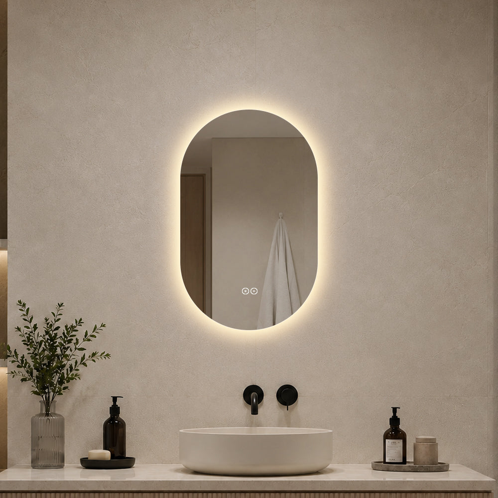 Oval spegel med LED-ljus och värme, 50x80 cm