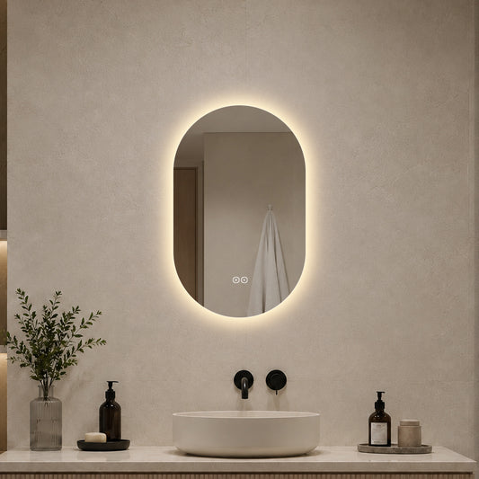 Oval spegel med LED-ljus och värme, 50x80 cm